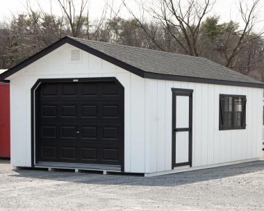 14x24 Peak Garage Portable Building with White LP Board 'N' Batten Siding and Black Trim